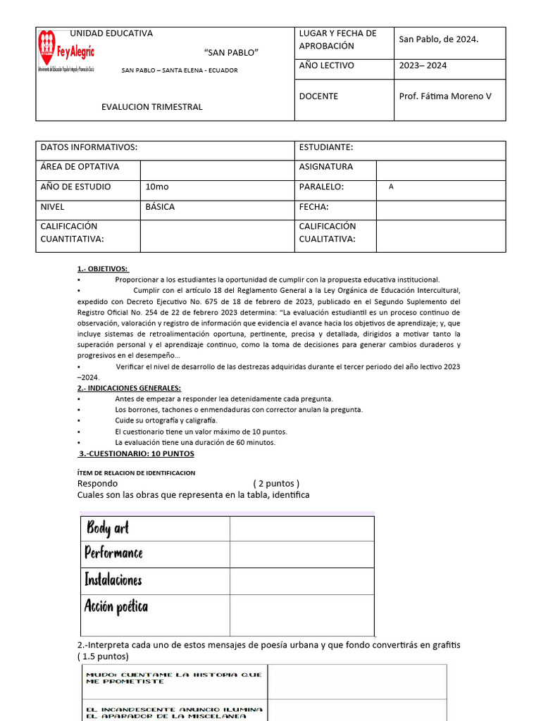 Evaluación Trimestral 10mo Básica | PDF | Aprendizaje