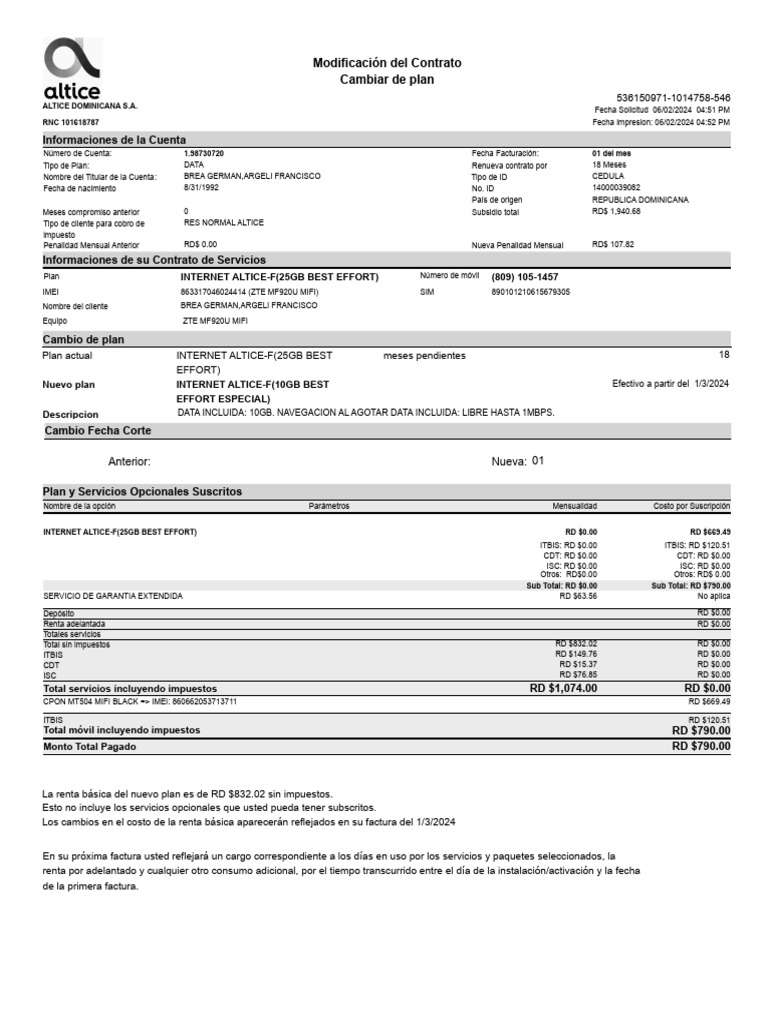 Cambio de Plan y Garantía Altice 2024 | PDF | Contraseña | Informática