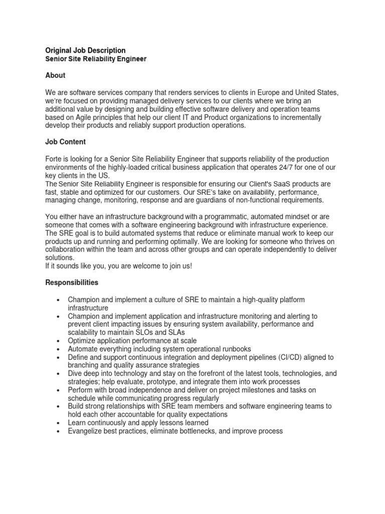 Senior Site Reliability Engineer Role | PDF | Software As A Service ...