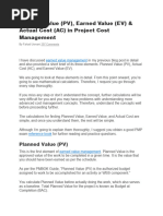 Planned Value (PV), Earned Value (EV) & Actual Cost (AC)