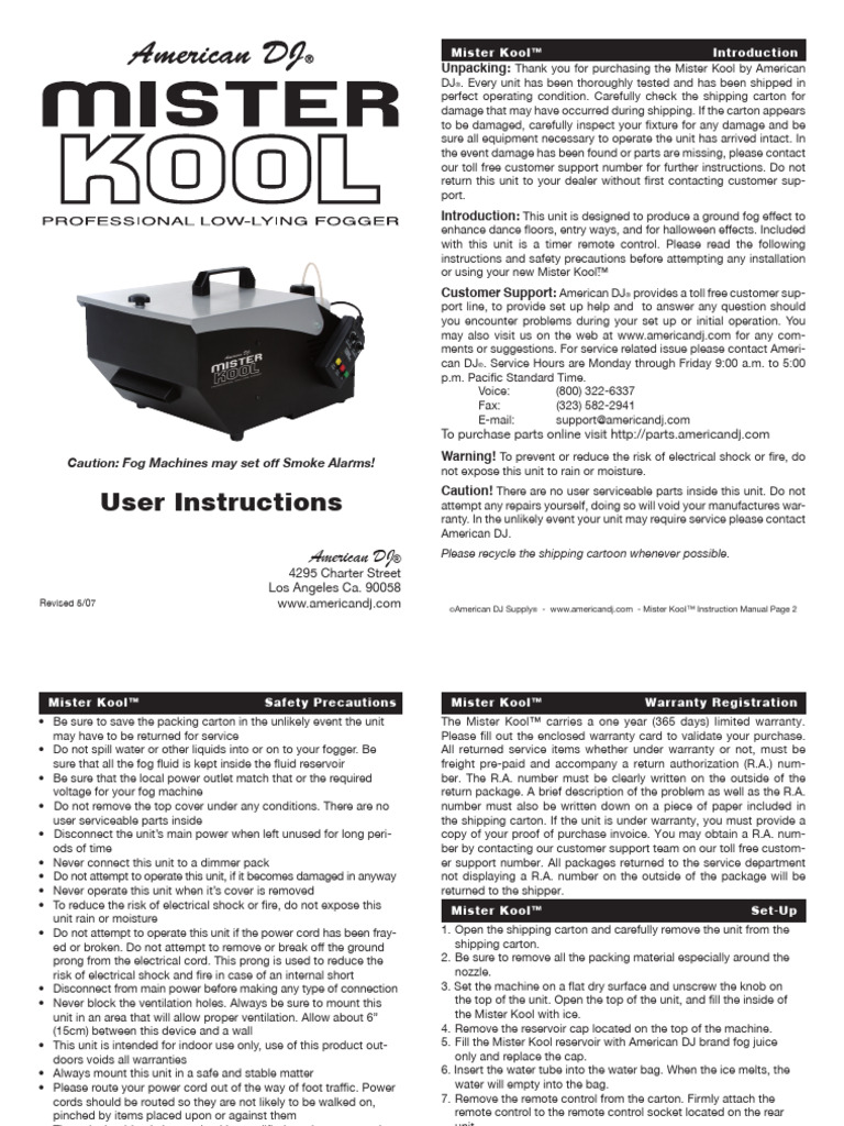 American DJ Mister Kool Low Lying Fog Machine Mister Kool B H 110252 User Manual PDF Implied