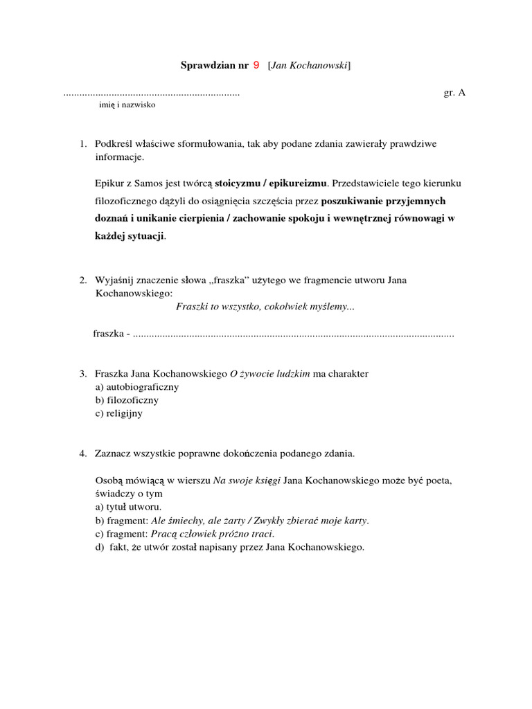 Jan Kochanowski Test Nowa Era Sprawdzian 9 Jan Kochanowski Grupa A i B Blizej slowa Klasa 8 | PDF
