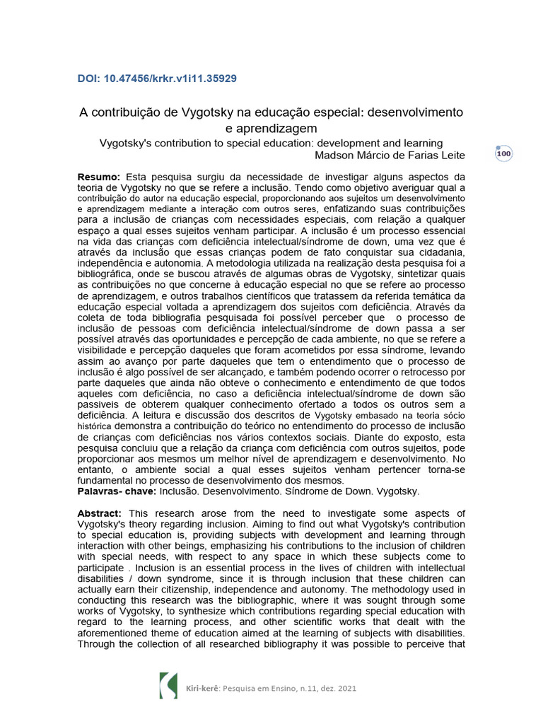 Vygotsky e a Inclusão na Educação Especial | PDF | Aprendizado | Psicologia