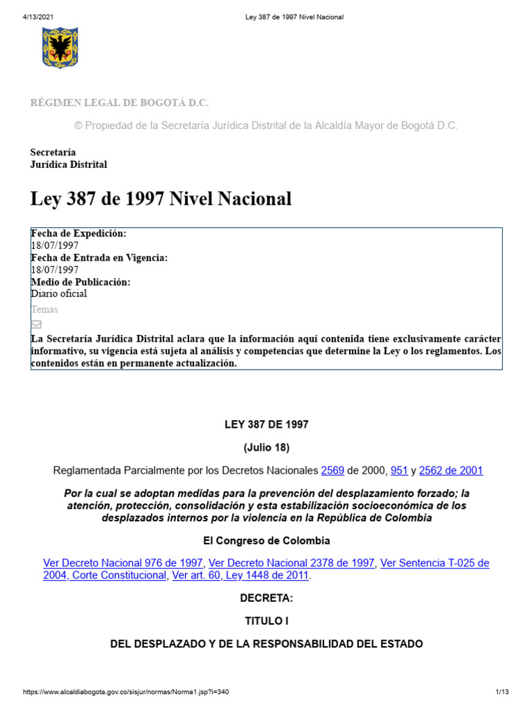 Ley 387 de 1997 Nivel Nacional | PDF | Ministerio (Departamento de ...