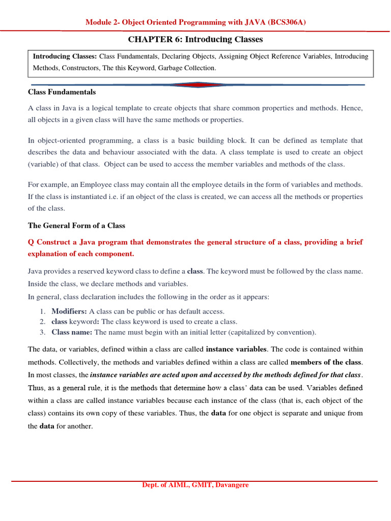 Module 2 - Notes - Chpter 6 & 7 - Introducing Classes, Methods and ...