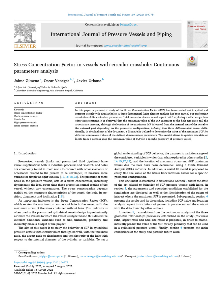 Stress Concentration Factor in Vessels With Circular Crosshole | PDF