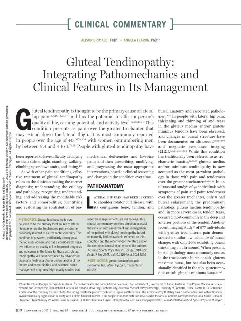 Gluteal Tendinopathy Integrating Pathomechanics and Clinical Features