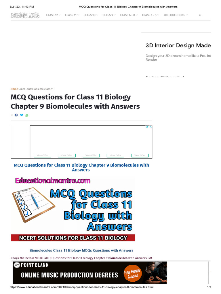 Class 11 Biomolecules MCQs with Answers | PDF | Enzyme | Enzyme Inhibitor