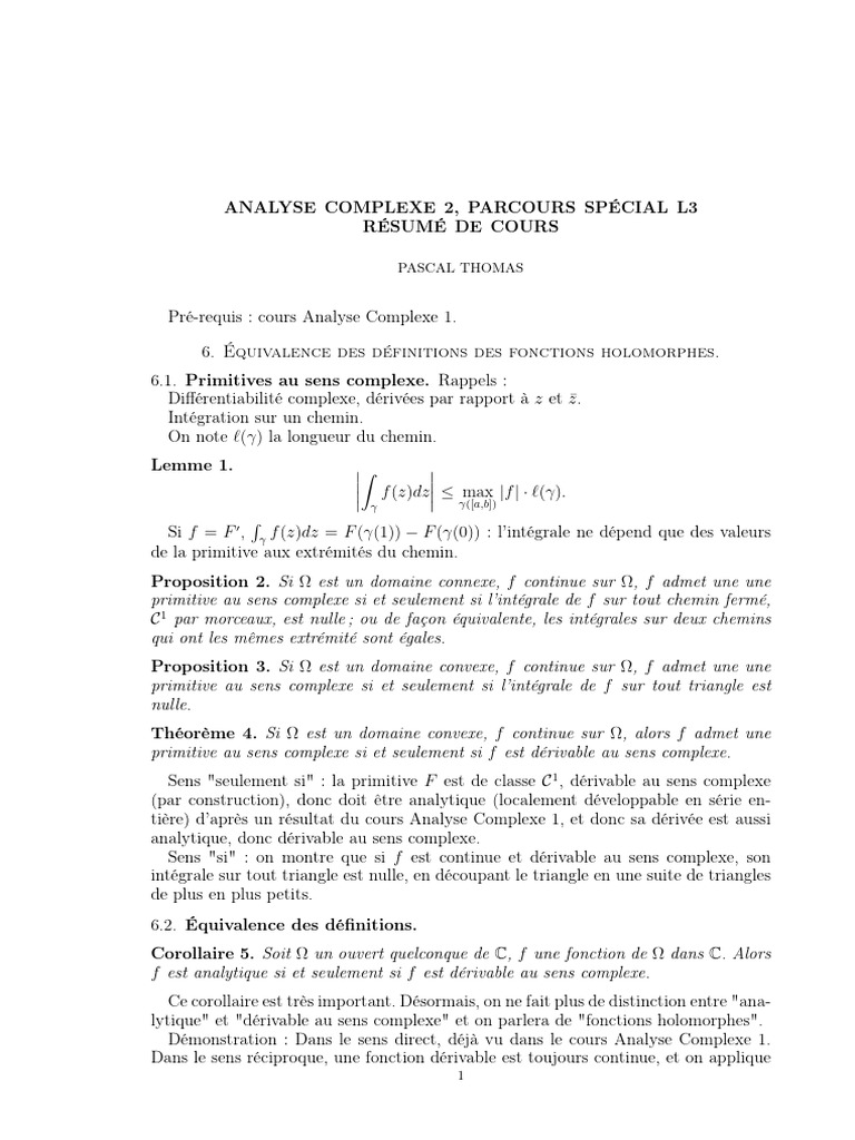 Résumé Analyse Complexe 2 L3 | PDF | Analyse complexe | Fonction holomorphe