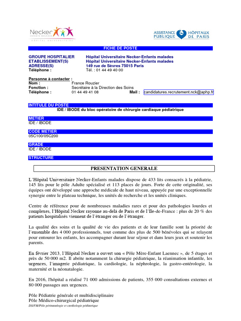 Fiche de poste IDE/IBODE Chirurgie cardiaque | PDF | Hôpital ...