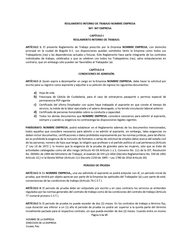 Reglamento Interno de Trabajo | PDF | Salario | Derecho laboral