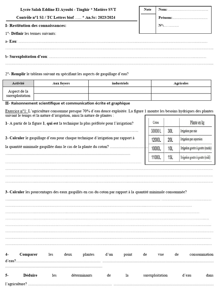 Examen 1 S1 TC Lettres Biof - SVT | PDF
