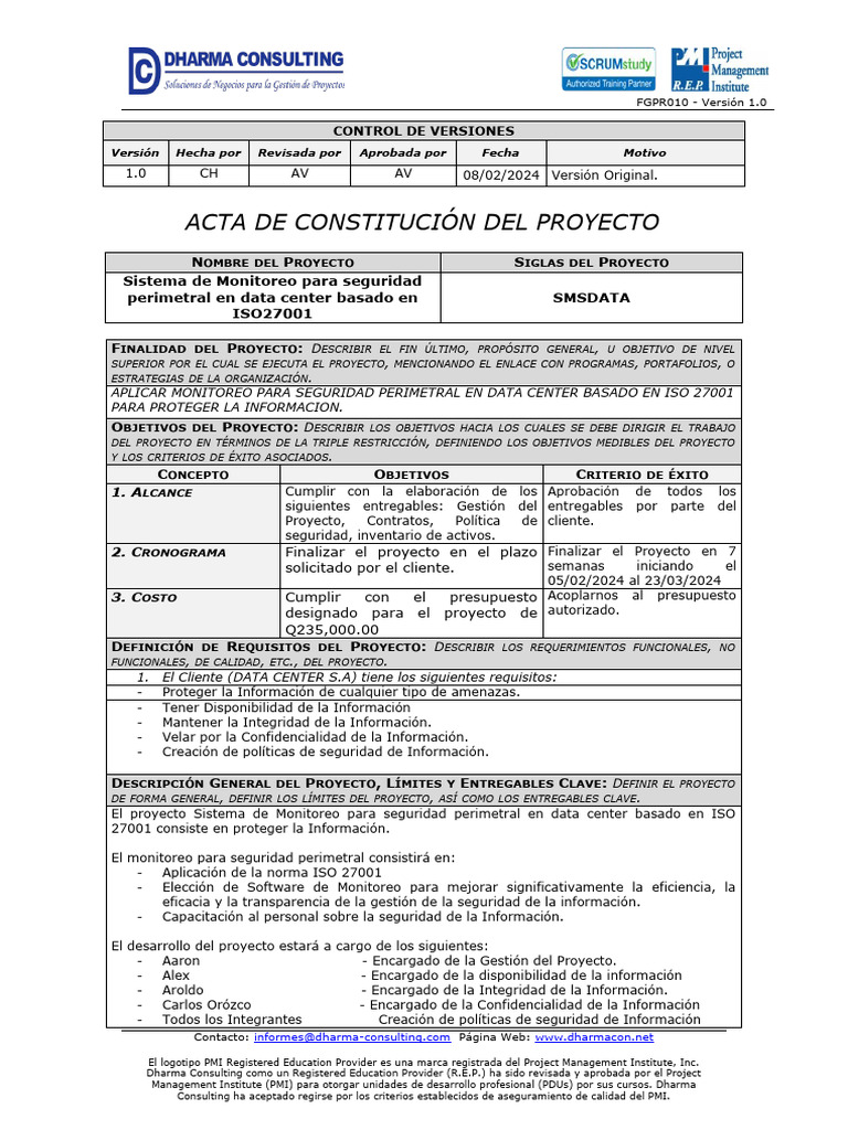 Acta de Constitución Del Proyecto | PDF | Presupuesto | Software