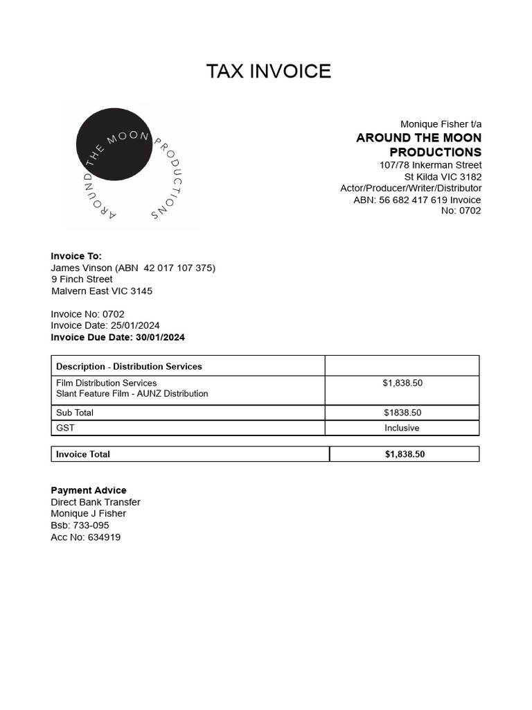 Tax Invoice 0702 - Film - Production - Distribution#3 | PDF