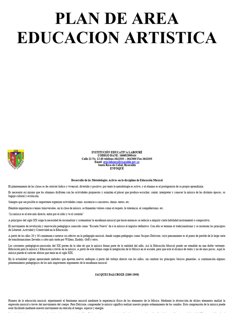 Plan de Área-Artisitica-2024-Integrado | PDF | Educación en artes ...