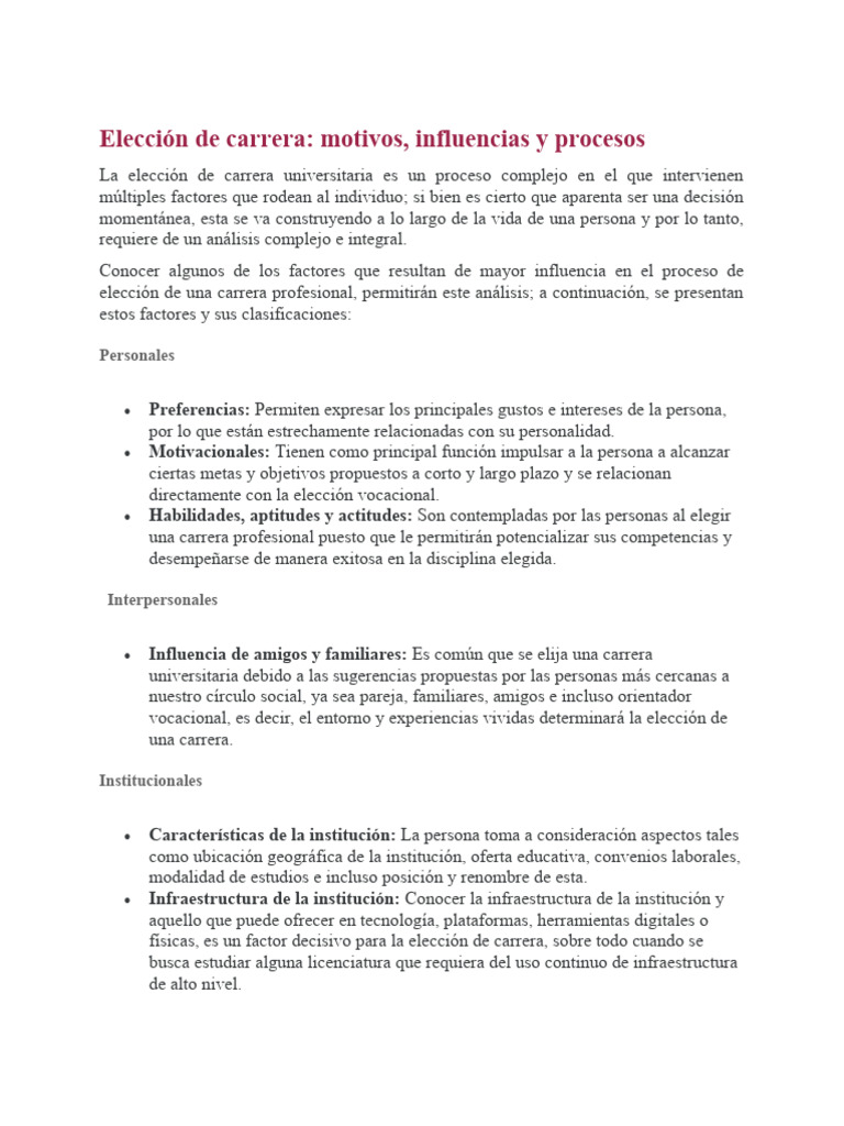 Factores en la elección de carrera universitaria | PDF | Educación más ...