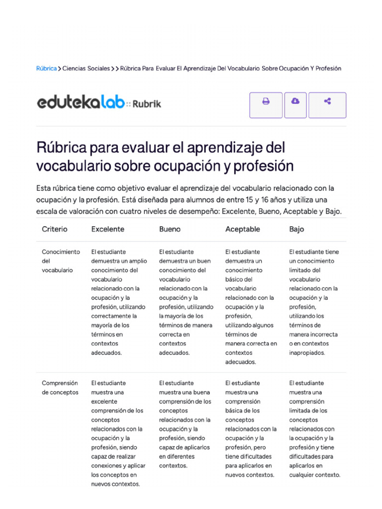 Rúbrica para Evaluar El Aprendizaje Del Vocabulario Sobre Ocupación Y ...