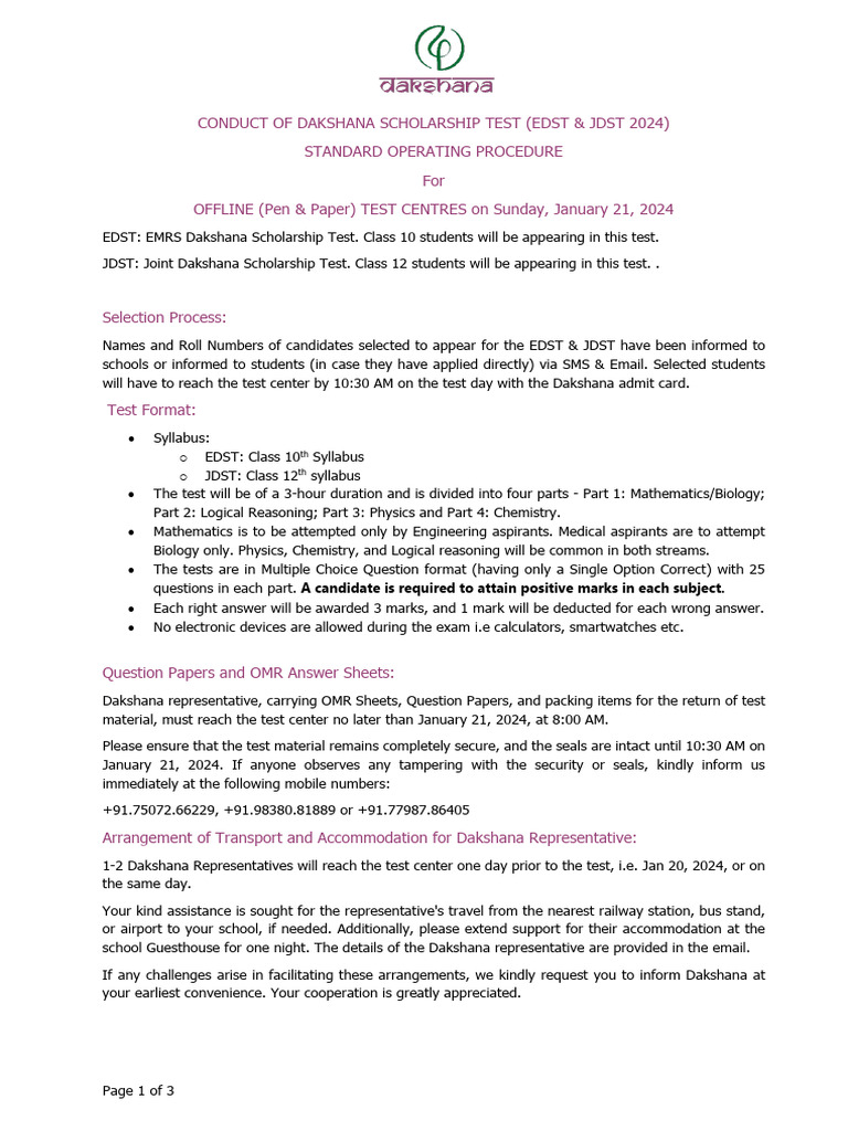 Dakshana Scholarship Test 2024 Guidelines | PDF | Envelope