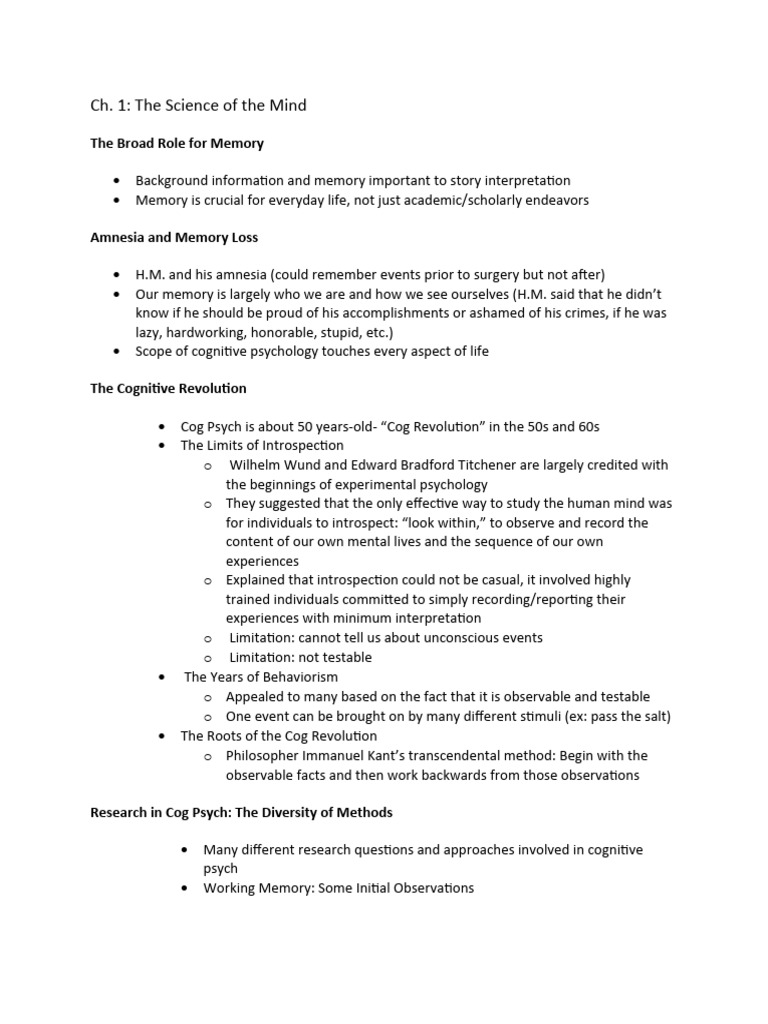 Ch.1 Notes-Cognition Exploring The Science of The Mind 7th Ed | PDF ...