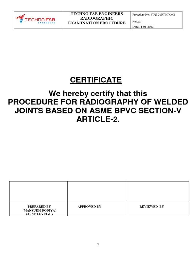 Rt Procedure Rev 01 Pdf Radiography Welding