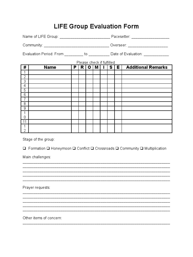 LIFE Group Evaluation Form Template | PDF