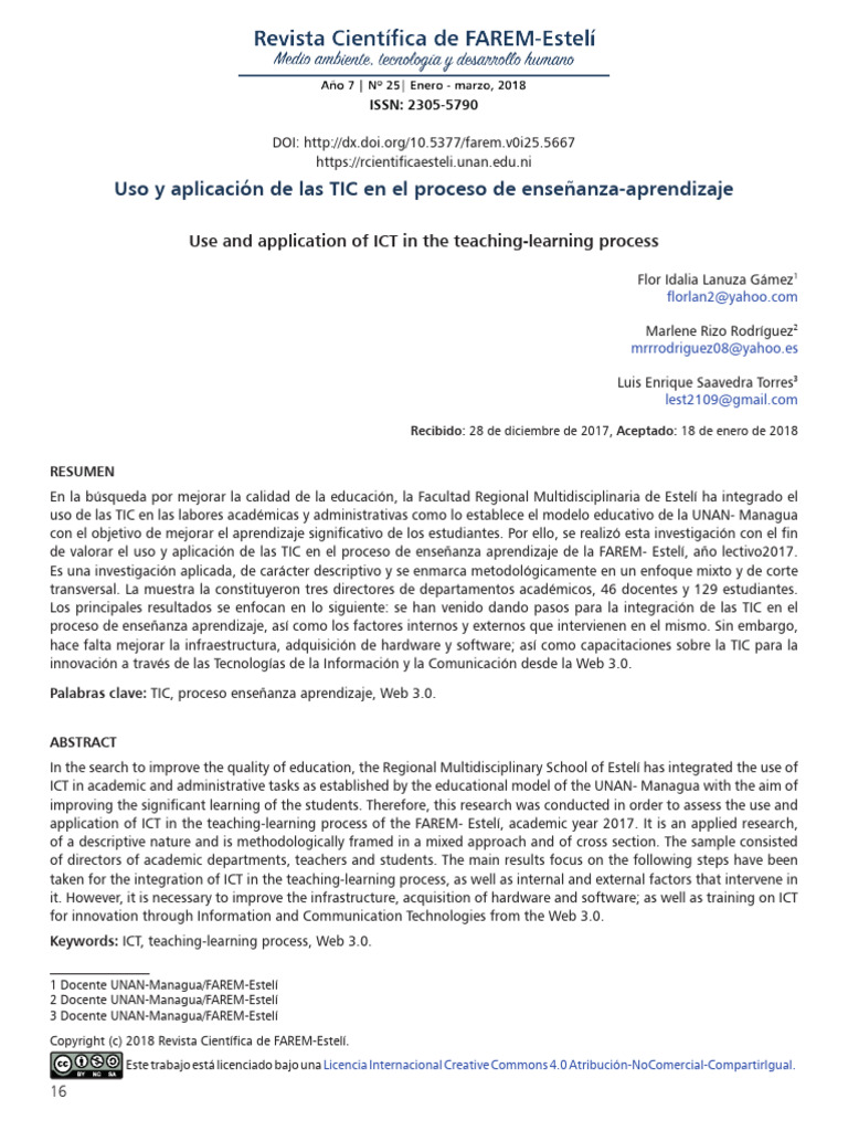 Uso y Aplicación de Las TIC en El Proceso de Enseñanza-Aprendizaje ...
