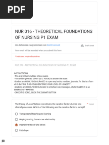 Nur 016 Theoretical Foundations of Nursing P1 Exam