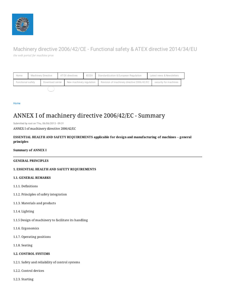 ANNEX I of Machinery Directive 2006 - 42 - EC - Summary - Machinery ...