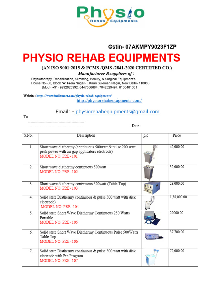Prephysiotherapy Price List 2021 PDF (1) PDF Physical Therapy Ultrasound