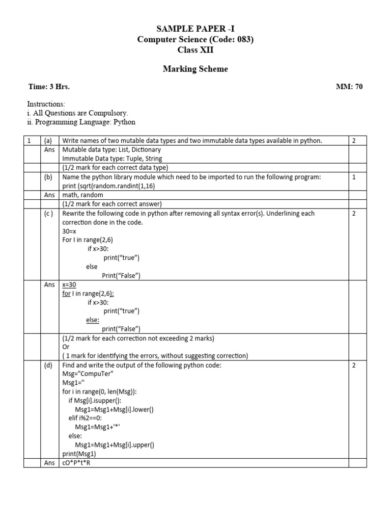 Computer Science Class XII Marking Scheme | PDF | Python (Programming ...
