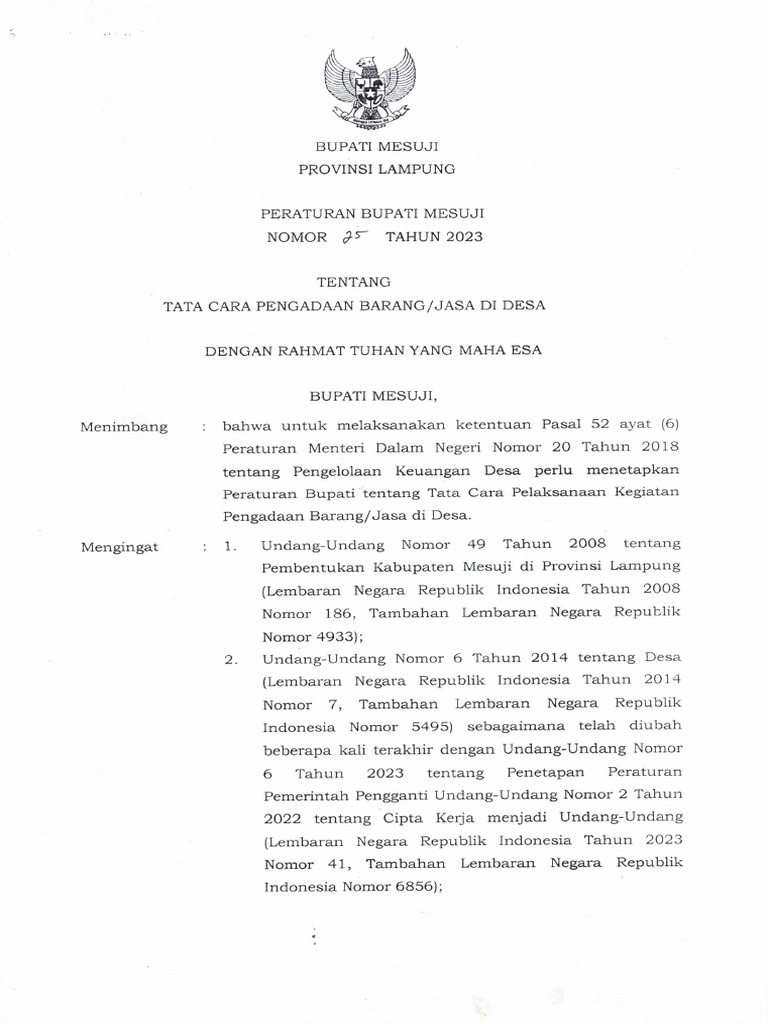 Perbup Tata Cara Pengadaan Barang Dan Jasa Di Desa | PDF