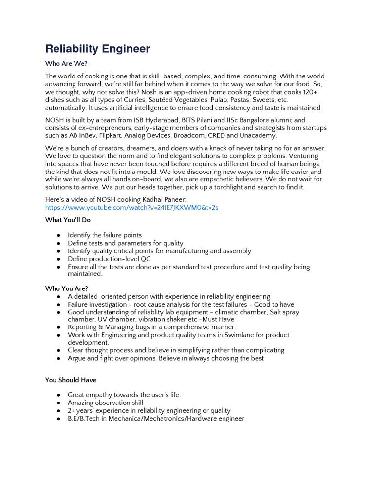 Reliability Engineer Position at Nosh | PDF | Reliability Engineering ...