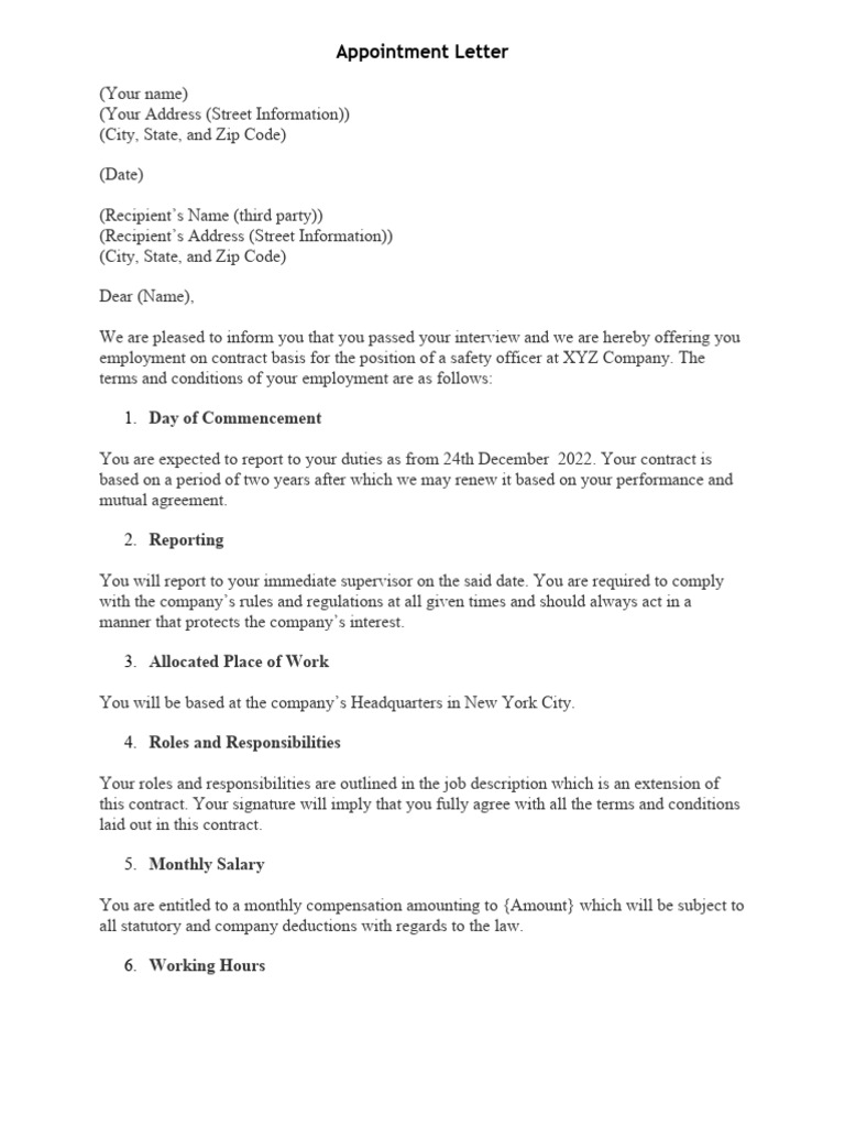 Employee Appointment Letter Sample | PDF | Employment | Contractual Term