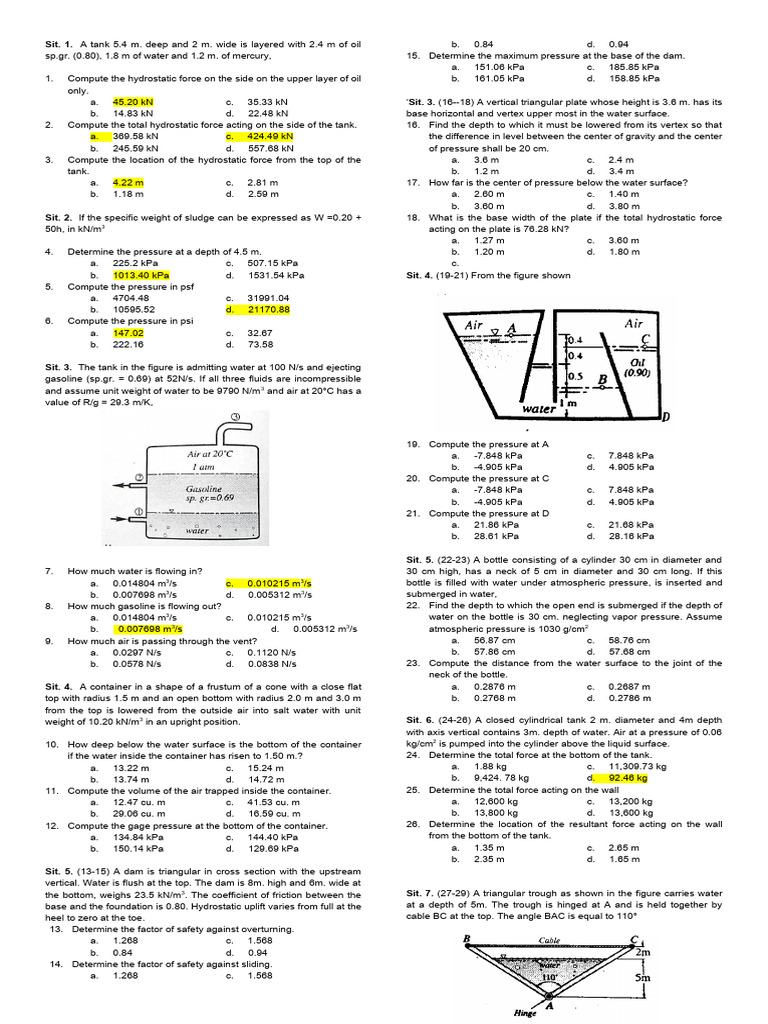 Fluid Mechanics Problem Set | PDF | Pressure | Water