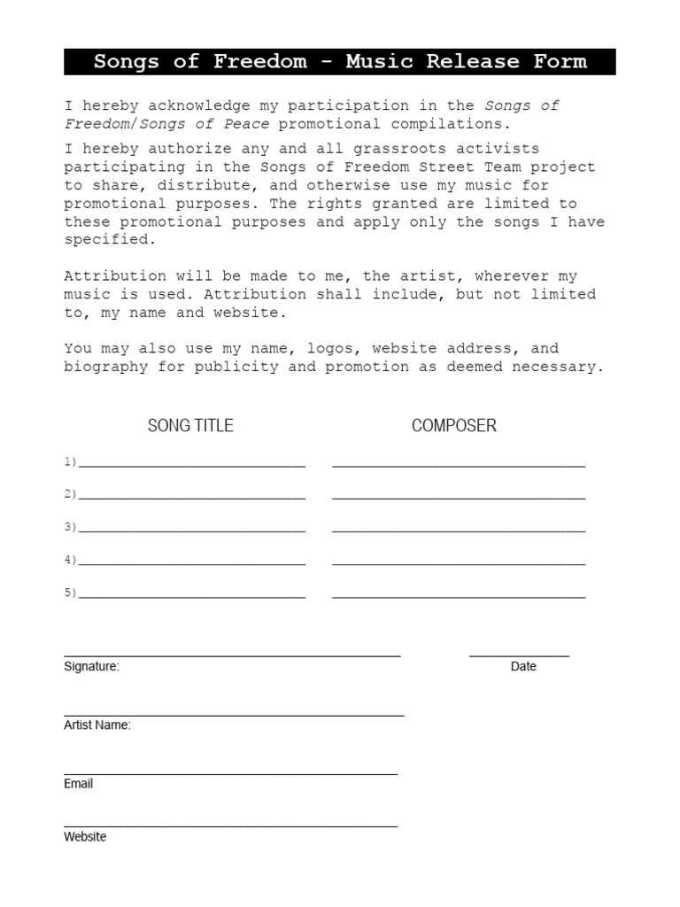 Music Release Form Template PDF