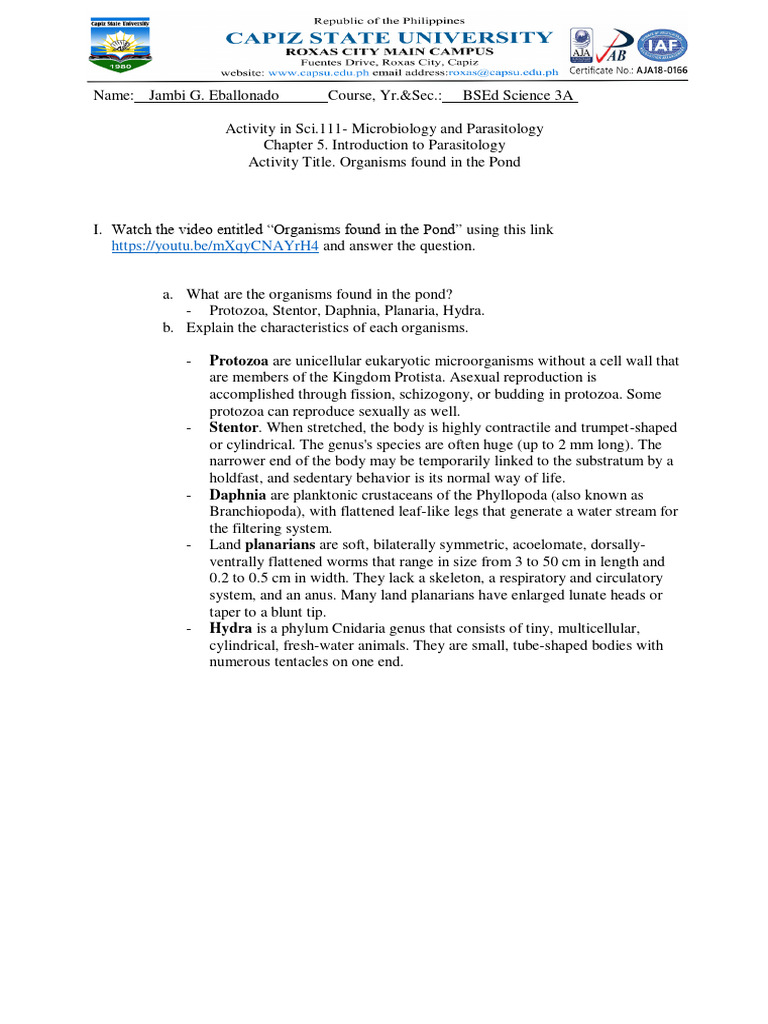 Activity in Chapter 5. Introduction To Parasitology | PDF