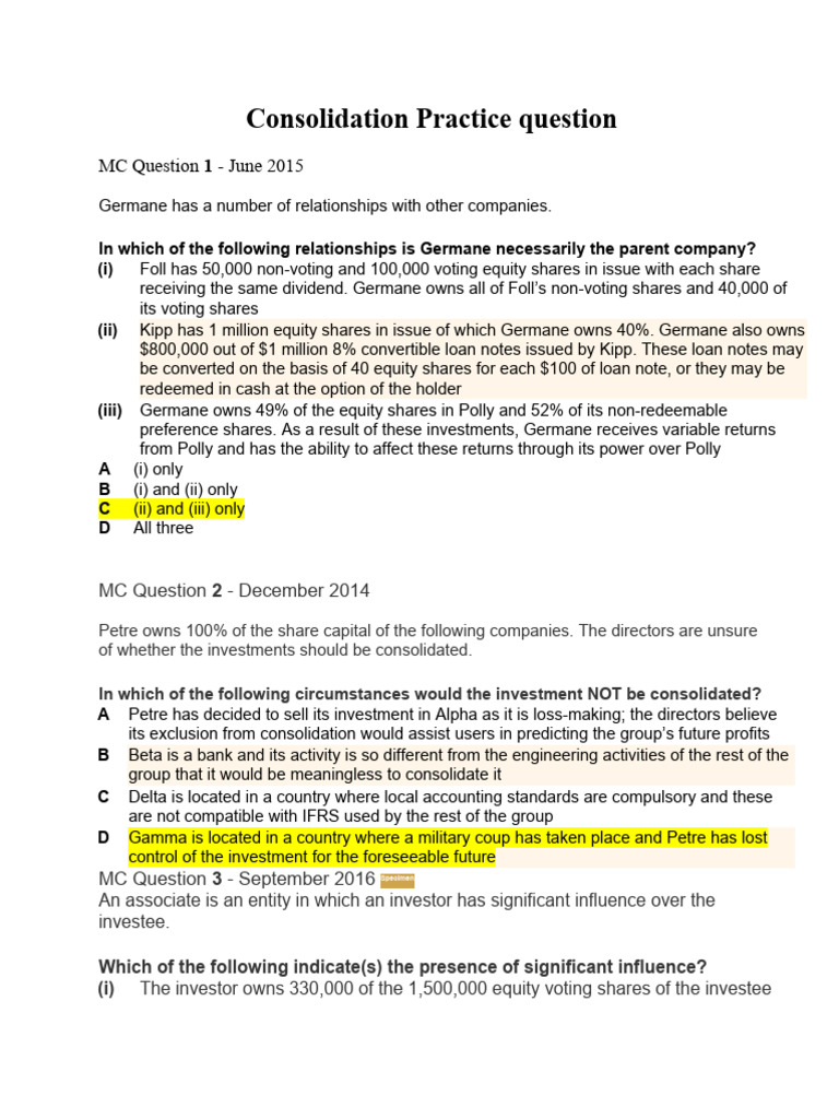 Consolidation MCQS PDF Fair Value Goodwill (Accounting)