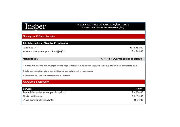 Mensalidade dos Cursos no Insper | PDF