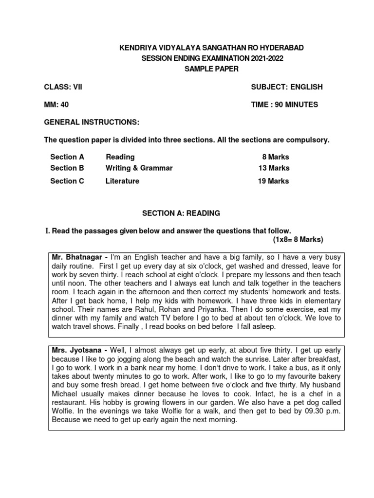 VII English Sample Paper | PDF