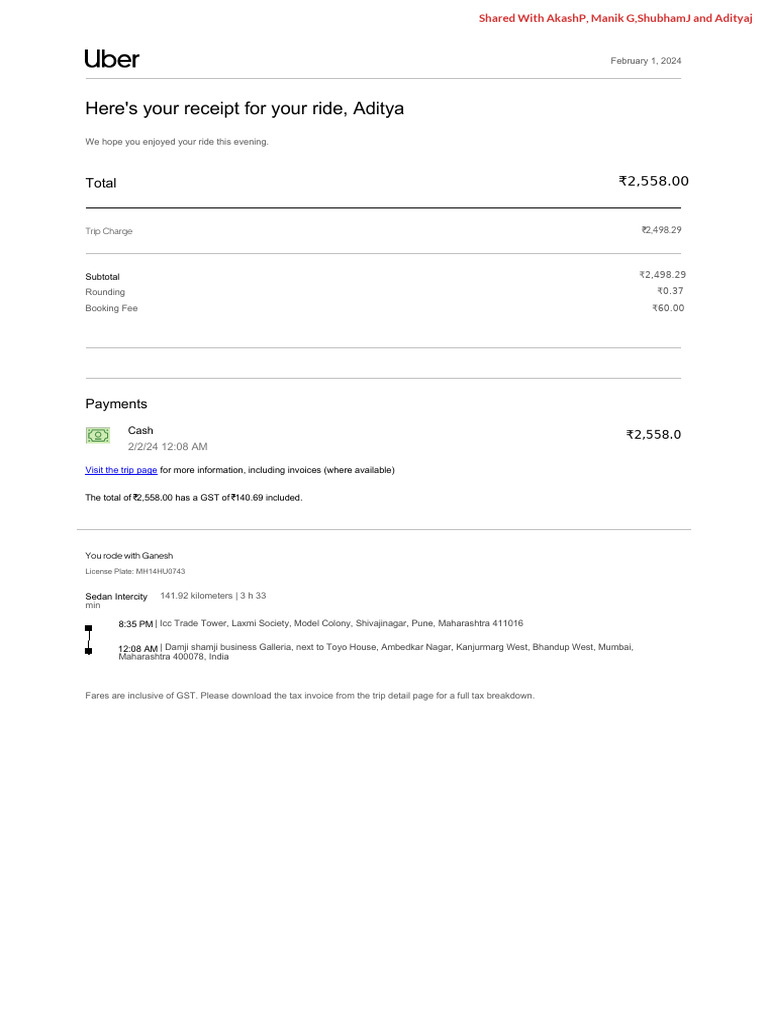 Mumbai to Pune Uber Fare Receipt | PDF