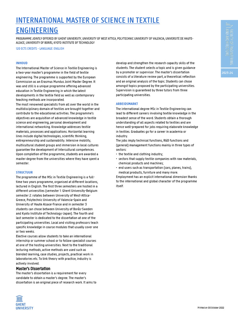 International Master of Science in Textile Engineering: Inhoud | PDF