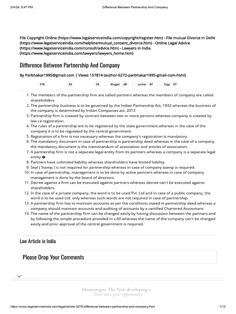 002'Difference Between Partnership And Company | PDF | Partnership