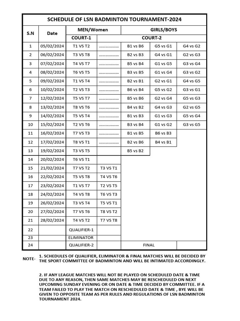 Badminton 2024 Schedule PDF