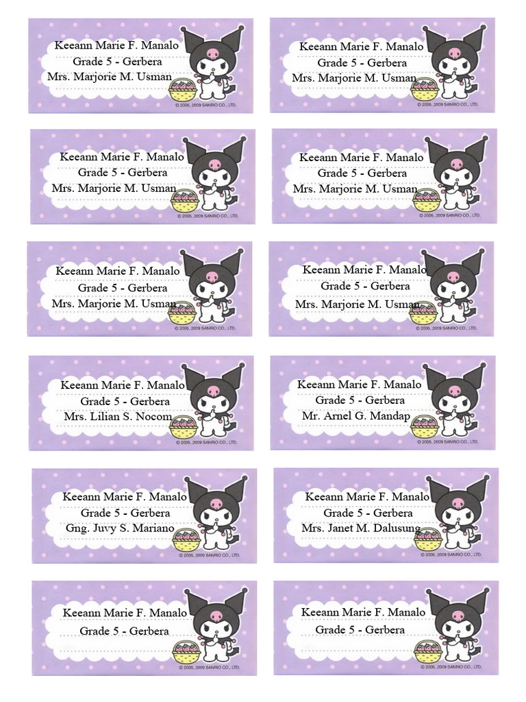 Kuromi Name Tag Template for Students | PDF