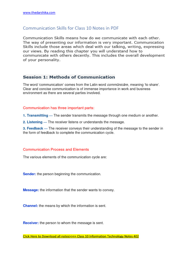 Communication skills class 10 notes pdf download free pdf