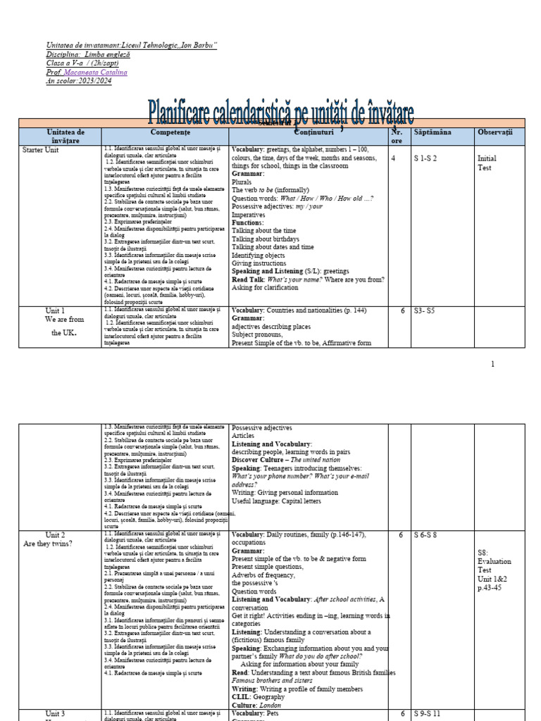 Planificare Unitati de Invatare Clasa A 5 A | PDF