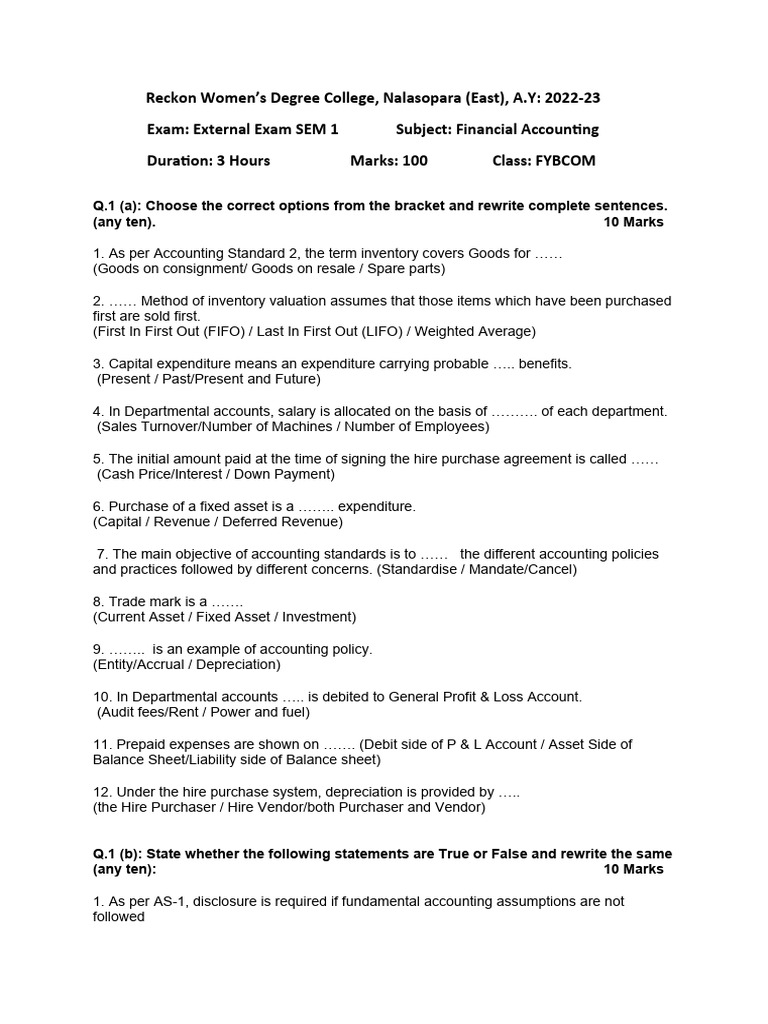 FYBCOM Financial Accounting Exam | PDF | Expense | Debits And Credits