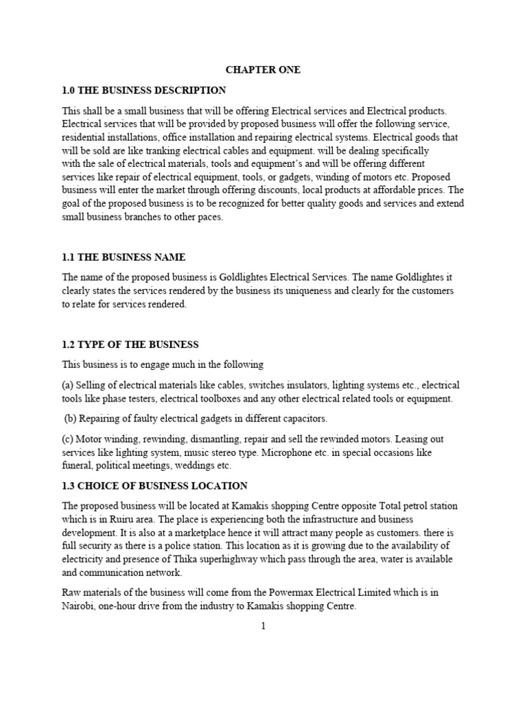 Electrical Business Plan PDF Pricing Retail