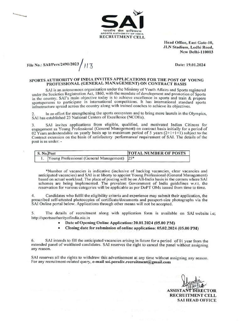 Sports Authority of India Recruitment 2024 Apply For 25 Young ...