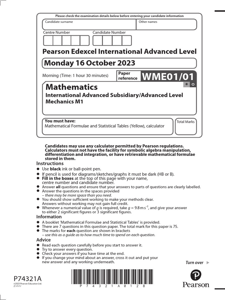 M1 Mechanics Exam Paper - Oct 2023 | PDF | Force | Mathematics
